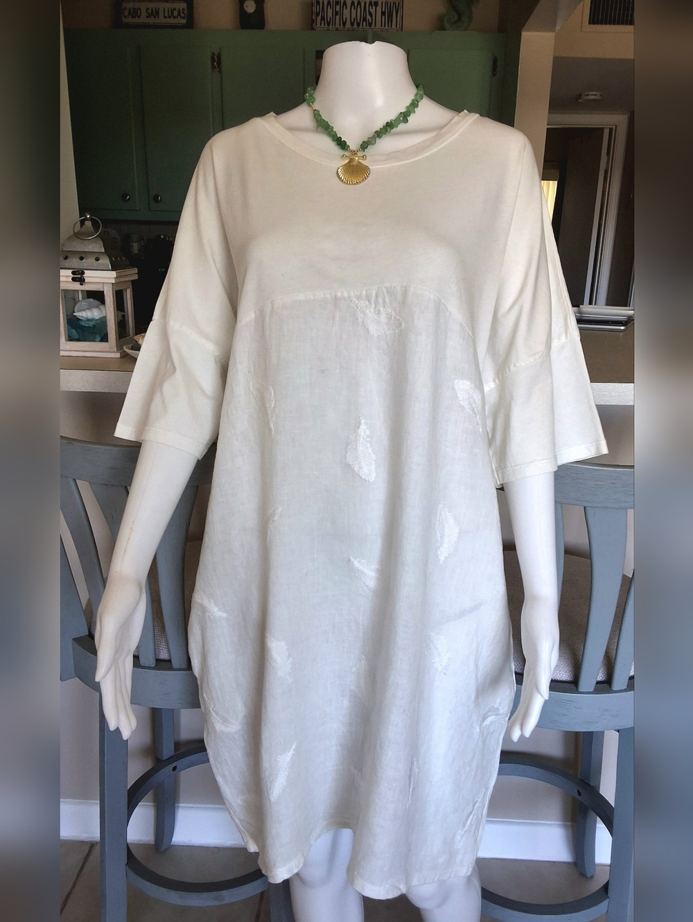 Angela Mara White 100% Italian Linen Dress Embroidered - One Size - NWOT